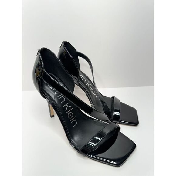 Calvin Klein Sandals Women Size 5.5 Black Patent Leather Square Toe Dress Heels - Picture 2 of 9